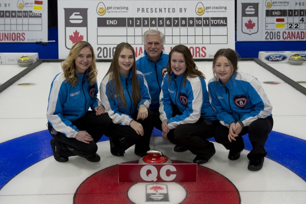 Canadian Jr.Curling Championship 2016,Laval-sur-le-Lac CC, Laval, Quebec Skip: Laurie St-Georges Third: Cynthia St-Georges Second: Meaghan Rivett Lead: Emily Riley Coach: Michel St-Georges, Curling Canada/ michael burns photo